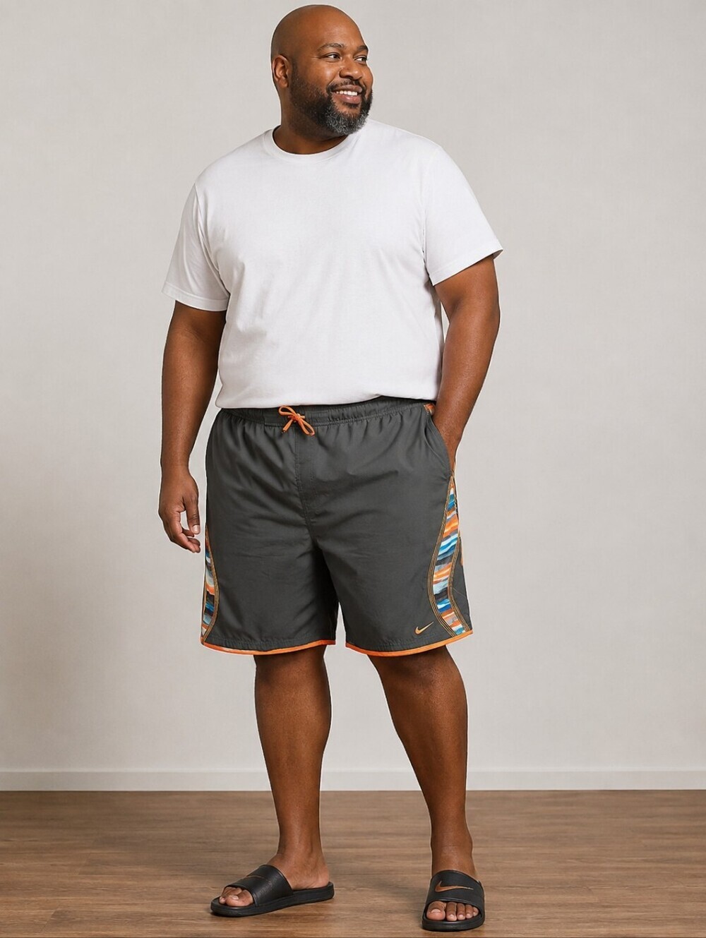 Nike Grey Orange Swim Trunks Shorts Men's XXL Zipper Pocket Tie Front Lined EUC